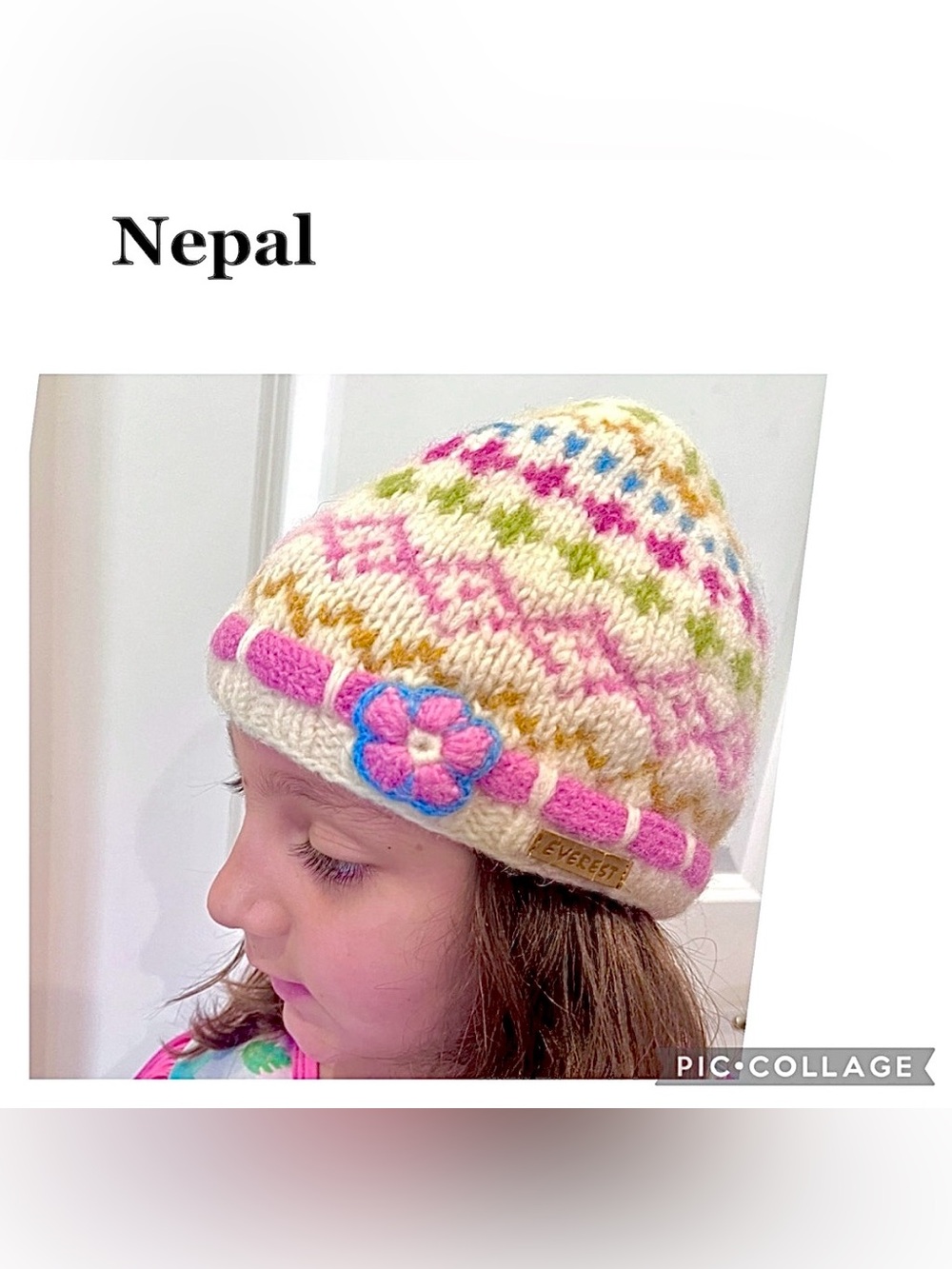Everest Designs Girls Wool Fair Isle Knit Beanie Hat Nepal Floral